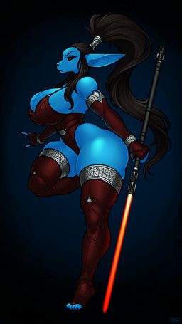 anthro armwear big_breasts big_butt black_hair black_sclera blue_body breasts butt clothing elbow_gloves eyebrows eyelashes feet female fingerless_gloves glistening glistening_body gloves hair handwear huge_breasts huge_thighs leotard lightsaber melee_weapon orange_eyes ponytail red_lightsaber side_boob sith solo thick_thighs toeless_legwear weapon wide_hips blazbaros star_wars alien mammal nelvaanian 2025 9:16 hi_res