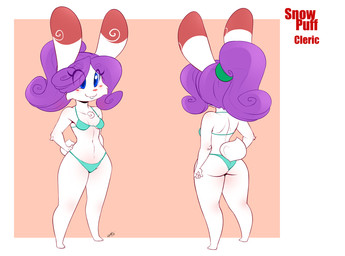 anthro armor bathing big_breasts bikini blue_eyes blush breasts clothed clothing female fur hair melee_weapon purple_hair shield shortstack shortstack_female smile solo swimwear two-piece_swimsuit weapon white_body white_fur chalo las_lindas snow_puff_(chalo) lagomorph leporid mammal rabbit hi_res