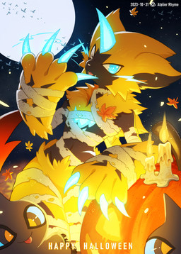 anthro autumn_leaves bandage black_body black_fur blue_eyes candle claws food fruit fur glowing glowing_eyes glowing_horn group holowear_(pokemon) horn lightning_bolt male moon multicolored_body multicolored_fur mummy_wrappings plant pumpkin ribbons trio tuft two_tone_body two_tone_fur white_sclera yellow_body yellow_fur atelier_rhyme nintendo pokemon pokemon_unite zephyr_(atelier_rhyme) domestic_cat felid feline felis generation_7_pokemon legendary_pokemon mammal pokemon_(species) zeraora 2023 hi_res