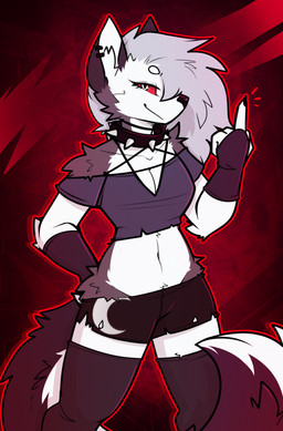 anthro biped bottomwear breasts claws clothed clothed_anthro clothed_female clothing collar countershade_torso countershading ear_piercing female fingers front_view fully_clothed fully_clothed_anthro fully_clothed_female fur hair inner_ear_fluff looking_at_viewer navel piercing smile solo standing tail topwear tuft nicopossum hellaverse helluva_boss mythology loona_(helluva_boss) canid canid_demon canine demon hellhound mammal mythological_canine mythological_creature 2026 digital_drawing_(artwork) digital_media_(artwork) hi_res