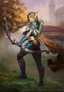 armor arrow_(weapon) blonde_hair bottomwear bow_(weapon) breasts building butt cape clothing female hair holding_bow_(weapon) holding_object holding_ranged_weapon holding_weapon humanoid_pointy_ears not_furry outside pants plant pointy_ears quiver_(object) ranged_weapon solo standing tower tree weapon james_ryman blizzard_entertainment warcraft world_of_warcraft_trading_card_game sylvanas_windrunner elf humanoid official_art