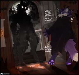animal_genitalia anthro balls big_balls black_body black_fur cloak clothing costume dialogue doormat doorway duo fluffy fluffy_tail fully_sheathed fur genitals halloween_costume holidays male male/male male_anthro pawpads purple_body purple_fur purple_pawpads sheath size_difference standing_in_doorway tail text white_eyes nick7005 halloween mythology ratchet_fawx canid canine canis fox mammal mythological_canine mythological_creature werecanid werecanine werecreature werewolf wolf english_text hi_res