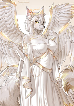 6_wings anthro big_breasts biped breasts feathered_wings feathers female female_anthro fur hair humanoid_hands multi_wing small_waist smile solo thick_thighs white_body wings yasmil hikari_teruki angel canid canine canis fox hybrid mammal seraph_(angel) wolf hi_res
