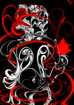anthro arm_by_side aura black_background fluffy fur looking_at_viewer male one_eye_obstructed outline red_aura simple_background snout solo standing text white_body white_fur white_outline ashcus novabeast absurd_res artist_name hi_res