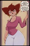 anthro bodily_fluids bottomwear breasts brown_hair clothed clothed_female clothing dialogue ear_piercing ear_ring female fully_clothed fully_clothed_female hair heart_symbol holidays hoop_ear_ring inviting_to_sex mature_female pants piercing ring_piercing seductive smile solo speech_bubble sweat text wide_hips demidoggo disney goof_troop mother's_day peg_pete canid canine canis domestic_dog mammal english_text hi_res