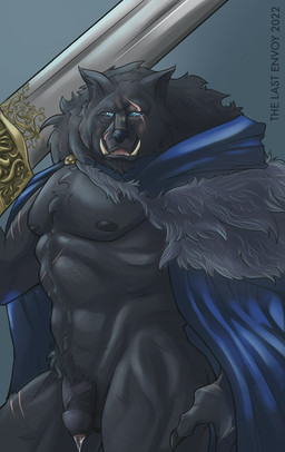 anthro balls biped black_body black_fur blue_eyes bodily_fluids cape claws clothing crotch_tuft dripping fangs flaccid foreskin fur genital_fluids genitals glans humanoid_genitalia humanoid_penis looking_at_viewer male melee_weapon mostly_nude muscular muscular_male nipples penis precum precum_drip scar solo sword teeth tuft underbite unretracted_foreskin weapon the_last_envoy elden_ring fromsoftware blaidd_(elden_ring) canid canine canis mammal wolf hi_res