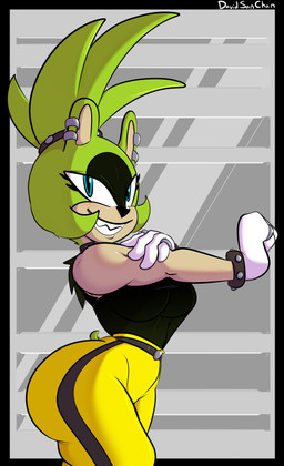 anthro anthrofied belt big_breasts big_butt biped black_clothing black_nose black_topwear blue_eyes border bottomwear breasts butt clothed clothed_anthro clothed_female clothing countershade_face countershade_neck countershade_torso countershading ear_piercing eyelashes female female_anthro fingers fully_clothed fully_clothed_anthro fully_clothed_female fur gloves green_body green_fur green_hair grin hair handwear huge_butt iris looking_at_viewer muscular muscular_anthro muscular_arms muscular_female outside_border pants piercing ponytail pupils sharp_teeth short_tail smile snout solo tail teeth text topwear wearing_gloves white_clothing white_gloves white_handwear yellow_bottomwear yellow_clothing yellow_pants davidsanchan idw_publishing sega sonic_the_hedgehog_(comics) sonic_the_hedgehog_(idw) sonic_the_hedgehog_(series) surge_the_tenrec afrosoricid mammal tenrec 2025 absurd_res artist_name hi_res