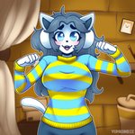 anthro breasts clothed clothing covering covering_mouth detailed_background female hair looking_at_viewer shirt solo standing topwear white_body yumkandie undertale undertale_(series) temmie_(undertale) mammal tem 1:1 hi_res