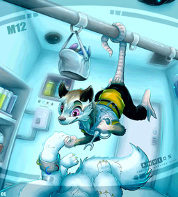 ambiguous_gender anthro bottomwear claws clothing detailed_background duo eyewear featureless_crotch feral first_person_view fur furgonomic_bottomwear furgonomics futuristic hanging_by_tail inside lying male on_back pink_eyes repair scouter tail tail_button_bottoms tail_clothing technology text tools white_body white_fur chibity american_opossum canid canine mammal marsupial virginia_opossum english_text hi_res