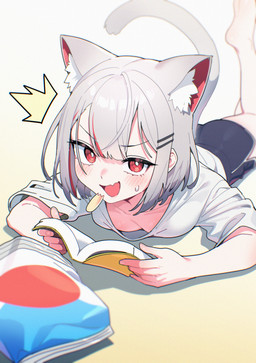 5_fingers accessory ahoge animal_ears animal_tail anime_style bangs barefoot bent_leg biped black_bottomwear black_clothing black_eyebrows black_shorts blush blush_lines blushing_at_viewer bodily_fluids book bottomwear breast_squish breasts cat_tail chips_(food) cleavage clothed clothed_female clothed_humanoid clothing collarbone dolphin_shorts down_blouse emanata eyebrows eyelashes feet female female_humanoid fingernails fingers flash_emanata flesh_fang fluffy_ears food front_view fully_clothed fully_clothed_female fully_clothed_humanoid gradient_background grey_ears grey_hair grey_tail hair hair_accessory hairclip highlights_(coloring) human_and_animal_ears inner_ear_fluff iris light_body light_hair light_skin long_tail looking_at_viewer lying medium_breasts multi_ear nails on_front open_book open_mouth open_smile pink_blush pink_inner_ear plantigrade pupils raised_calf raised_tail reading reading_book red_eyes shirt short_hair short_sleeves shorts simple_background smile smiling_at_viewer soles solo squish surprised sweat sweatdrop t-shirt tail tan_body tan_ears tan_skin topwear tuft wet white_background white_clothing white_inner_ear_fluff white_pupils white_sclera white_shirt white_t-shirt white_topwear white_tuft yellow_background sake_goroke stellive vtuber neneko_mashiro animal_humanoid cat_humanoid felid felid_humanoid feline feline_humanoid humanoid mammal mammal_humanoid tailed_humanoid absurd_res full-length_portrait hi_res huge_filesize portrait shaded