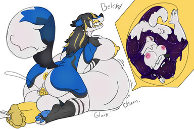animal_genitalia animal_penis anthro anthro_pred anus areola balls belly big_belly big_breasts black_body black_fur black_hair black_nose blonde_hair blue_body blue_fur blue_pawpads bodily_fluids body_outline breasts burping butt constellation_markings cosmic_fur cum curled_tail digestion dipstick_ears dipstick_tail duo ear_markings ears_back ejaculation equine_genitalia equine_penis erection eyes_closed female female_pred fur genital_fluids genitals gloves_(marking) gynomorph hair heterochromia intersex intersex/female leaning_on_belly leg_markings markings melting melty_digestion multicolored_body multicolored_ears multicolored_hair nipples nude onomatopoeia open_mouth oral_vore pawpads paws penis pink_areola pink_nipples pink_vulva pivoted_ears purple_body purple_fur rumbling_stomach simple_background socks_(marking) sound_effects striped_arms striped_legs tail tail_markings text two_tone_hair upside_down vaginal_fluids vaginal_squirting vore vulva white_body white_fur yellow_anus yellow_areola yellow_insides yellow_nipples yellow_penis yellow_vulva servo117 noelle_(mrwiesspet) tanti canid canine fox mammal 2025 3:2 absurd_res colored digital_drawing_(artwork) digital_media_(artwork) hi_res widescreen