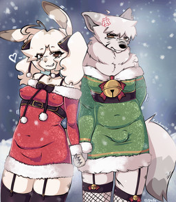 anthro bell bow_accessory christmas_clothing clothed clothing crossdressing dress duo female fishnet_clothing fishnet_legwear fluffy fluffy_tail frown fur garter_straps hand_holding holidays legwear male male/female neck_tuft pigtails scowl slightly_chubby slightly_chubby_female slightly_chubby_male smile snow sparkles stockings tail thick_thighs thigh_highs tuft white_body white_fur sodabunni99 christmas canid canine canis hare lagomorph leporid mammal rabbit wolf absurd_res digital_drawing_(artwork) digital_media_(artwork) hi_res