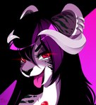 black_hair black_nose demo ear_piercing ear_ring eyebrows eyelashes female hair horn open_mouth piercing red_eyes ring_piercing solo tongue pacevanrign demon felid hybrid mammal 2019 digital_media_(artwork)