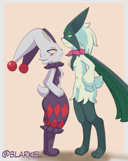 anthro duo female female/female fur green_body green_fur pink_eyes white_body white_fur yellow_eyes blarkel nintendo palworld pocketpair pokemon dupin_(pal) generation_9_pokemon meowscarada pal_(species) pokemon_(species) absurd_res hi_res
