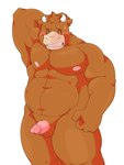 3:4 abs anthro armpit_hair balls blush body_hair bovid bovine cattle colored erection genitals goujuyu hi_res male mammal musclegut muscular muscular_anthro muscular_male nude pecs penis simple_background solo third-party_edit uncensored white_background