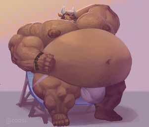 anthro arm_hair barazoku beard belly big_belly big_bulge big_muscles body_hair brown_body brown_fur bulge chair chest_hair clothing facial_hair fur furniture horn huge_belly huge_muscles jockstrap male mature_male musclegut muscular nipples pecs solo underwear caasiaxort caazerenam bovid bovine cattle mammal hi_res