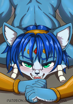 accessory anthro athletic athletic_anthro athletic_female back_muscles black_nose blue_body blue_fur blue_hair fangs female forehead_gem fur gem hair hair_accessory hairband multicolored_body multicolored_fur nude nude_anthro nude_female solo teeth tongue two_tone_body two_tone_fur white_body white_fur daigaijin nintendo star_fox krystal_(star_fox) canid canine fox mammal 2025 hi_res