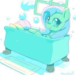 bath bathtub bubble claw_foot_bathtub female fur green_eyes hair looking_at_viewer pink_hair smile solo water window yellow_body yellow_fur mewball friendship_is_magic hasbro my_little_pony fluttershy_(mlp) equid equine horse mammal pony