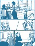 2015 adira_riftwall anthro blue_and_white blush chest_tuft cloak clothing comic conditional_dnp felid female flora_(twokinds) fur group hair human keidran leopard maeve_(twokinds) male mammal monochrome nom outside pantherine simple_background sketch snow_leopard sound_effects tail tiger tom_fischbach trace_legacy tuft twokinds white_background young young_anthro young_female