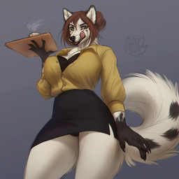 anthro beverage big_breasts black_bra black_clothing black_panties black_underwear bottomwear bra breasts cleavage clothed clothing coffee female fur furgonomics green_eyes hair holding_object huge_breasts licking licking_lips looking_at_viewer low-angle_view markings miniskirt nipple_outline open_mouth panties secretary serving serving_beverage simple_background skirt smile solo spots spotted_markings spotted_tail tail tail_markings tail_through_skirt tongue tongue_out tray underwear waiter waitress_uniform lostgoose canid canine canis mammal wolf 1:1 2021 digital_media_(artwork) hi_res watermark