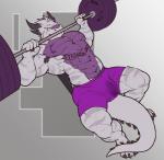 2018 abs absurd_res anthro armpit_hair barbell biceps big_muscles bodily_fluids body_hair body_writing bottomwear bulge claws clenched_teeth clothed clothing digital_media_(artwork) dragon english_text exercise fur furred_dragon furred_scalie hair hi_res horn lying male mammal muscular muscular_anthro muscular_male mythological_creature mythological_scalie mythology nightterror nipples obliques on_back pecs red_eyes reptile scales scalie shorts simple_background solo stripes sweat tail teeth text text_on_body toe_claws topless triceps weightlifting weights workout writing_on_chest