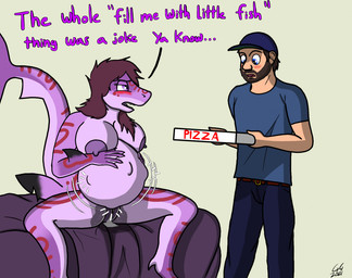 after_sex after_transformation anthro bed big_breasts blush bodily_fluids box breasts container cum cum_drip cum_in_vagina cum_inflation cum_inside dripping female fetal_movement furniture gender_transformation genital_fluids grumpy holding_belly impending_transformation inflation male male/female mtf_transformation nipples non-mammal_nipples not_loving_pregnancy pizza_box pregnant pregnant_female rapid_pregnancy surprised tail text transformation goldengryphon april_(duhad) jay_(goldengryphon) fish human mammal marine shark english_text