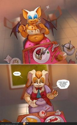 anthro belly belly_grab beverage big_belly bodily_fluids burger cake container cup dessert duo eating eating_food empty_plate female fingernails food food_stains hedonism long_fingernails looking_at_belly motion_lines nails scribbles smile sweat sweatdrop thick_thighs weight_gain totesfleisch8 sega sonic_the_hedgehog_(series) rouge_the_bat vanilla_the_rabbit bat lagomorph leporid mammal rabbit hi_res