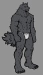 anthro bottomwear clothing dark_body dark_fur dark_sclera fangs feet fur loincloth male muscular muscular_male scar shirtless solo teeth dynogreeno wulfgard canid canine canis mammal wolf absurd_res hi_res