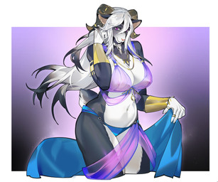 5_fingers anthro armband armlet big_breasts black_body black_fur black_highlights bracelet breasts choker clothed clothed_anthro clothed_female clothing collar digit_ring ear_piercing ear_ring eyebrows eyelashes female female_anthro finger_ring fingers fur gold_(metal) gold_jewelry hair handwear harem harem_jewelry harem_outfit highlights_(coloring) horn horn_jewelry horn_ring humanoid_hands jewelry long_eyelashes looking_at_viewer markings navel navel_piercing necklace nipple_outline nipples piercing purple_eyes ring ring_(jewelry) ring_piercing seductive shawl silk smile solo tail translucent translucent_clothing white_body white_fur white_hair unknown_artist alterise bovid caprine hybrid mammal sheep-goat