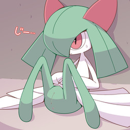 anus butt female female_humanoid genitals grey_body leaning_on_wall looking_aside multicolored_body onomatopoeia presenting presenting_hindquarters presenting_vulva red_eyes sitting sitting_on_ground slim slim_female slim_humanoid solo sound_effects text three-quarter_view two_tone_body vulva white_body crepix nintendo pokemon generation_3_pokemon humanoid kirlia pokemon_(species) 1:1 2021 cel_shading digital_drawing_(artwork) digital_media_(artwork) japanese_text shaded
