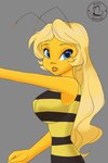 antennae_(anatomy) anthro blonde_hair blue_eyes breasts clothed clothing female hair looking_at_viewer pattern_clothing solo striped_clothing stripes kittmouri mielle arthropod bee hymenopteran insect hi_res