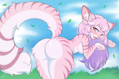 anthro bangs bent_over big_tail blush breasts day eyelashes female fur grass hair huge_tail inner_ear_fluff leaf long_hair looking_at_viewer looking_back looking_back_at_viewer medium_breasts nude open_mouth outside pawpads pink_body pink_fur pink_nose pink_pawpads pink_stripes plant purple_hair side_boob sky snout solo striped_body striped_fur stripes tail tongue tongue_out tuft yellow_eyes eloya_art domestic_cat felid feline felis mammal 2025 colored digital_drawing_(artwork) digital_media_(artwork) hi_res shaded
