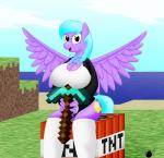 anthro anthrofied big_breasts black_tie_(suit) blue_hair breasts clothed clothing detailed_background diamond_pickaxe explosives feathered_wings feathers female game_background hair legwear on_explosive smile solo stockings suit wings yellow_eyes ponyboom hasbro microsoft minecraft mojang my_little_pony mythology xbox_game_studios equid equine mammal mythological_creature mythological_equine pegasus absurd_res crossover hi_res