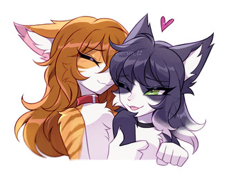5_fingers anthro bangs black_body black_fur black_hair blush blush_lines brown_markings cheek_tuft chest_tuft claws collar collar_only duo eyelashes eyes_closed facial_tuft female female/female fingers fur green_eyes hair happy heart_symbol inner_ear_fluff long_hair looking_at_another markings multicolored_body multicolored_fur multicolored_hair nude open_mouth orange_body orange_fur orange_hair red_collar smile striped_body striped_fur stripes tuft two_tone_hair white_body white_fur white_hair white_inner_ear_fluff 3rdperson_iz domestic_cat felid feline felis mammal colored digital_drawing_(artwork) digital_media_(artwork) hi_res shaded