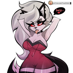 absolute_territory anthro bare_shoulders big_breasts breasts cleavage clothed clothing collar dialogue dress female fur genitals hair hands_behind_head heart_symbol humanoid_genitalia humanoid_vulva long_hair looking_at_viewer notched_ear red_clothing red_dress red_sclera red_text simple_background solo spiked_collar spikes strapless_clothing strapless_dress text tight_clothing tight_dress tongue tongue_out translucent translucent_clothing translucent_dress vulva white_background white_body white_eyes white_fur white_hair teaofcolors hellaverse helluva_boss mythology loona_(helluva_boss) canid canid_demon canine demon hellhound mammal mythological_canine mythological_creature 1:1 absurd_res english_text hi_res