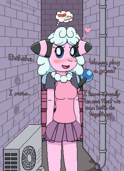 abby_(etrainer8192) alley anthro asking_viewer black_body black_skin blue_eyes blue_gem blush bottomwear clothing dumpster female fur gem hair hands_in_both_pockets markings miniskirt pink_body pink_skin pipe purple_miniskirt requesting sex_request shirt skirt solo striped_ears striped_markings striped_tail stripes t-shirt tail tail_markings text thought_bubble topwear white_body white_fur white_hair white_wool wool_(fur) etrainer8192 nintendo pokemon bovid caprine flaaffy generation_2_pokemon mammal pokemon_(species) sheep digital_media_(artwork) hi_res pixel_(artwork)