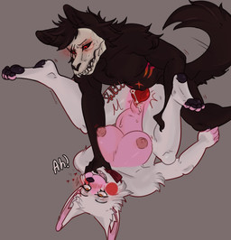 abdominal_bulge anthro asphyxiation big_breasts black_body black_fur black_paws blush bow_ribbon breasts cheek_tuft choking claws doyle duo eye_roll eye_scar facial_scar facial_tuft female fur genitals knot legs_up looking_pleasured lying male male/female on_back open_mouth pawpads penis pink_body pink_fur pinned pointy_ears prick_ears red_eyes red_penis red_scar rosy_cheeks scar skulldogdoyle tuft white_body white_fur yellow_eyes five_nights_at_freddy's five_nights_at_freddy's_2 scottgames mangle_(fnaf) canid canine fox humanoid mammal skulldog_(species) hi_res