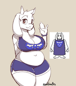 anthro belly big_breasts blue_bottomwear blue_bra blue_clothing blue_shorts blue_underwear bottomwear bra breasts cleavage clothed clothing female fur horn shorts slightly_chubby slightly_chubby_female solo thick_thighs underwear white_body white_fur zoul_illustration undertale undertale_(series) toriel bovid caprine goat mammal reference_image