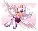 anthro bat blush boots breasts cleavage clothed clothing envelope fangs feathered_wings feathers female footwear gloves handwear heart_symbol high_heeled_boots high_heels looking_at_viewer mammal one_eye_closed open_mouth open_smile rouge_the_bat scarletopalite sega smile solo sonic_the_hedgehog_(series) teeth white_clothing white_gloves white_handwear wings wink