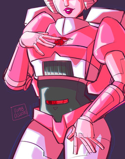 autobot black_background female machine metallic_body not_furry obscured_eyes pink_body seductive simple_background smile solo dumbdelvon hasbro takara_tomy transformers arcee cybertronian humanoid robot robot_humanoid 2023 absurd_res hi_res