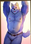 anthro arm_tuft armpit_hair belly belly_hair belt biceps blep blue_hair body_hair bottomwear bulge chest_hair clothed clothing doorway elbow_tuft facial_tuft hair hand_above_head happy_trail in_doorway looking_at_viewer male musclegut muscular navel nipples pants pants_only pecs pubes pubes_exposed slightly_chubby smile smiling_at_viewer solo tongue tongue_out topless triceps tuft highpups canid canine mammal 2025 absurd_res hi_res