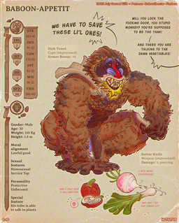 anthro armpit_hair balls bath_towel beard biceps big_balls big_penis blue_genitals body_hair butterknife cape cape_only casual_nudity character_sheet_(rpg) clothing facial_hair feet fingers flaccid food foreskin fur furry_arms furry_legs genitals hair hairy hairy_forearms hairy_hands humanoid_genitalia humanoid_penis improvised_clothing improvised_weapon male melee_weapon mostly_nude mostly_nude_anthro mostly_nude_male muscular muscular_anthro muscular_male nipples nude offscreen_character penis plant profanity pubes red_eyes solo teeth text towel towel_cape tusks vegetable warrior weapon hotsatyr dungeons_and_dragons hasbro the_dungeon_(hotsatyr) wizards_of_the_coast baboon-appetit baboon haplorhine mammal monkey old_world_monkey primate 2025 censored digital_media_(artwork) english_text model_sheet mosaic_censorship uncensored_version_at_paywall