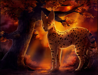 amber_eyes ambiguous_gender detailed_background feral fur markings orange_eyes plant quadruped side_view solo spots spotted_body spotted_fur sunset tail tree tamberella felid feline mammal serval warm_colors