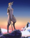 anthro cliff cloud facial_hair goatee high_place hooves horizontal_pupils horn male mountain pupils rock short_tail sky snow solo star sunset tail walking_stick waschbar sven_(snowygoat) bovid caprine goat mammal 4:5 absurd_res hi_res