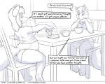 5:4 anthro canid canine clothed clothing comic dialogue duo english_text faf fafcomics female food fox furniture greyscale hetty_(faf) jimmy_(faf) male mammal monochrome overweight panties sitting table text underwear