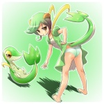 1:1 alternate_species animal_humanoid bent_over brown_eyes butt clothed clothing cosplay costume duo female feral generation_5_pokemon green_clothing green_hair green_panties green_underwear hair humanoid humanoidized nintendo panties pokemon pokemon_(species) pokemon_costume pokemon_humanoid pokemorph ranphafranboise reptile scalie snivy standing tail underwear unimpressed upskirt