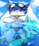 anthro bell bell_collar blep blue_body blue_ears blue_eyes blue_fur blush blush_lines bodily_fluids bulge circle_eyebrows claws clothed clothing clothing_pull cloud collar detailed_bulge duo eyebrows eyewear eyewear_on_head facial_markings fur gloves_(marking) goggles goggles_on_head hair hand_in_underwear head_markings leg_markings looking_at_another looking_at_partner male male/male markings mask_(marking) multicolored_body multicolored_fur multicolored_hair navel paws pink_nose sky socks_(marking) speedo speedo_only sweat swim_ring swimwear tail tongue tongue_out topless two_tone_hair underwater underwear underwear_only underwear_pull water white_body white_fur young young_anthro young_male young_on_young fluffyzit canid canine felid feline mammal absurd_res hi_res