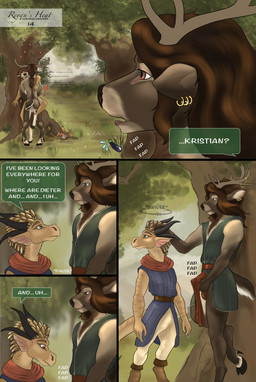2_horns 4_horns against_natural_surface against_surface against_tree anthro antlers backsack balls biped bodily_fluids bottomwear brown_body caught_in_the_act clothed clothed_masturbation clothing cloven_hooves countershade_face countershade_torso countershading day dialogue digitigrade duo ear_piercing ear_ring erection erection_under_clothing eyes_closed female genital_fluids genitals group hair heart_symbol hooves horn horn_jewelry horn_ring in_heat jewelry loincloth looking_at_another male male/female masturbation multi_horn nude outside penile penile_masturbation piercing plant ponytail precum ring_(jewelry) ring_piercing speech_bubble tail tenting text tree trio unguligrade voyeur white_body white_countershading bruno_hirschkoff mythology dieter_hirschkoff kristian_hirschkoff reyan_(bruno_hirschkoff) deer dragon mammal mythological_creature mythological_scalie new_world_deer roe_deer scalie 2025 absurd_res comic english_text hi_res multiple_scenes brother_(lore) brothers_(lore) incestuous_voyeur_(lore) sibling_(lore) twins_(lore)