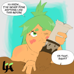animal_genitalia animal_penis anthro blush blush_lines bodily_fluids brown_body brown_fur dialogue duo equine_genitalia equine_penis erection fellatio female fur genital_fluids genitals green_eyes green_hair hair male male/female nude oral penile penis precum sex simple_background tan_body tan_skin text luckyhomie lucky_(luckyhomie) deer equid equine horse human hybrid mammal absurd_res digital_media_(artwork) hi_res