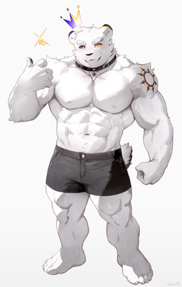 abs anthro arm_tattoo barazoku barefoot biceps black_bottomwear black_clothing black_collar black_sclera black_shorts bottomwear clothed clothing collar crown deltoids ear_piercing ear_stud feet fur gold_piercing gold_stud_piercing headgear heterochromia looking_at_viewer male multicolored_sclera muscular muscular_anthro muscular_male muscular_thighs navel obliques pawpads pecs piercing purple_eyes serratus shorts shoulder_tattoo small_tail smile solo tail tattoo topless two_tone_sclera vein veiny_muscles white_body white_fur white_sclera yellow_eyes dona908 bear mammal polar_bear ursine 2025 absurd_res hi_res